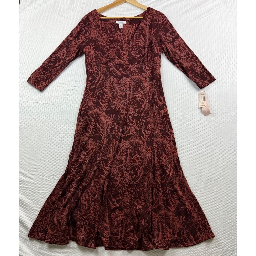 Dressbarn Burgundy Leaf Print V-Neck Midi Dress 3/4 Sleeve Size 10 NWT